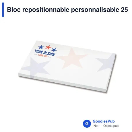 Bloc repositionnable personnalisable 25 feuilles quadrillées avec logo - 125x72 mm