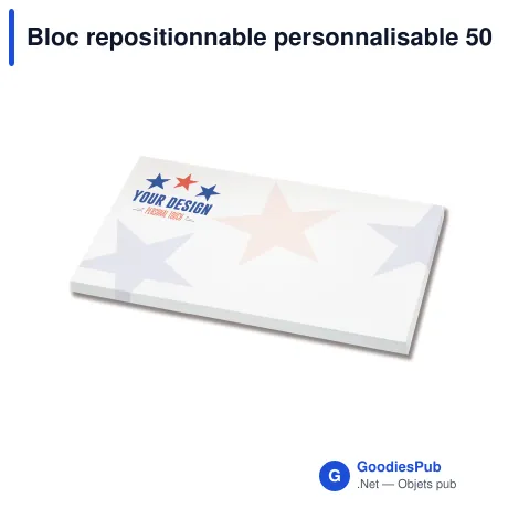 Bloc repositionnable personnalisable 50 feuilles quadrillées avec logo - 125x72 mm