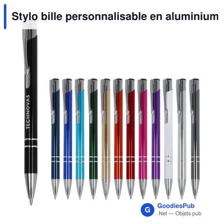 Stylo bille personnalisable en aluminium recyclé brillant encre noire - Alicante