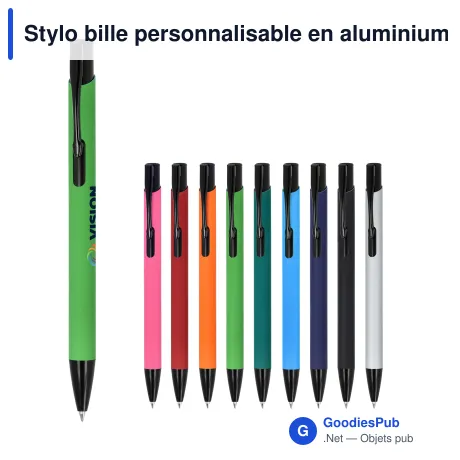 Stylo bille personnalisable en aluminium recyclé toucher doux encre bleue - Alicante