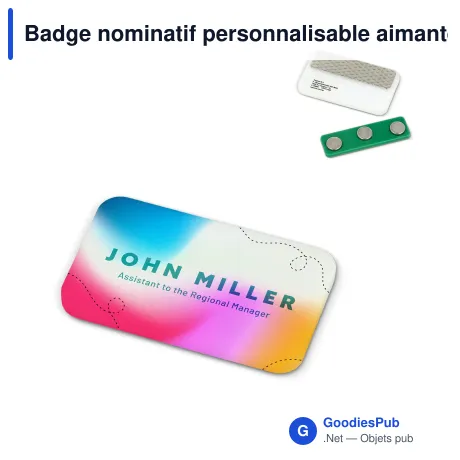 Badge nominatif personnalisable aimanté 50 x 30 mm avec logo - Magnet 50