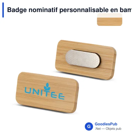 Badge nominatif personnalisable en bambou avec aimant et logo - Bamboo Magnet
