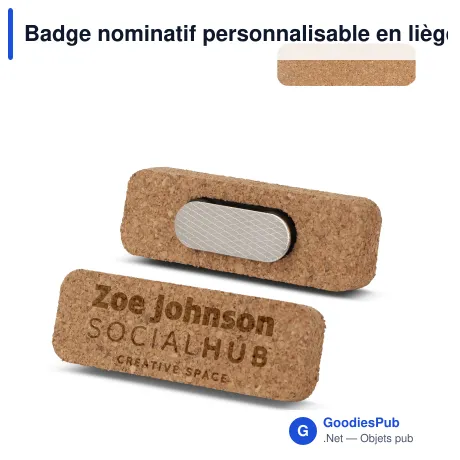 Badge nominatif personnalisable en liège avec aimant et logo - Cork Magnet