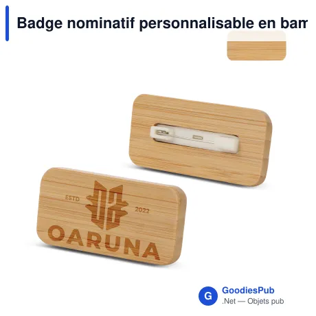 Badge nominatif personnalisable en bambou avec épingle et logo - Bamboo Pin
