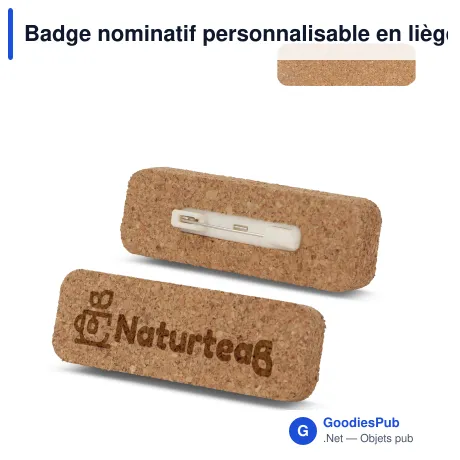 Badge nominatif personnalisable en liège avec épingle et logo - Cork Pin