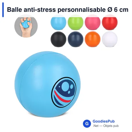 Balle anti-stress personnalisable Ø 6 cm en mousse PU avec logo - 8 coloris