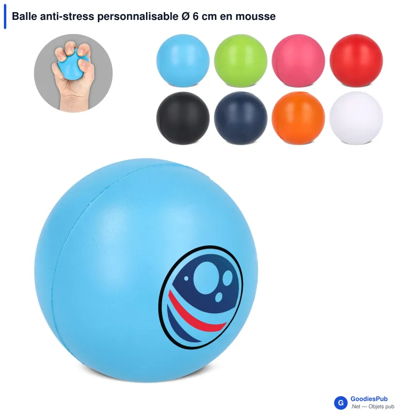 Balle anti-stress personnalisable Ø 6 cm en mousse PU avec logo - 8 coloris - Image 1