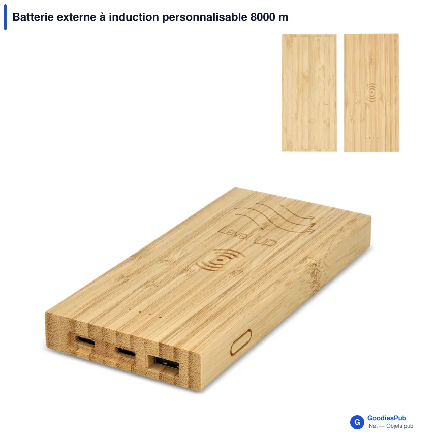 Batterie externe à induction personnalisable 8000 mAh en bambou avec logo - Bambou - Image 1