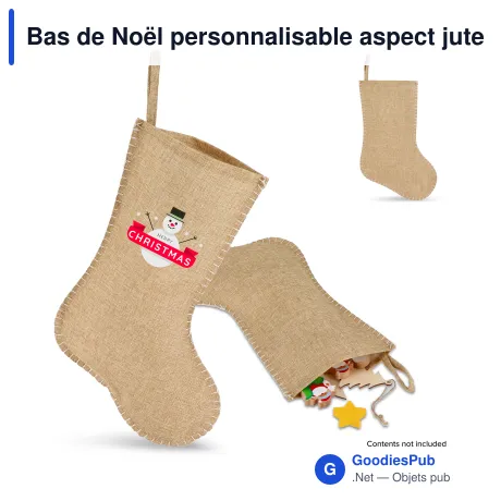 Bas de Noël personnalisable aspect jute à coutures décoratives avec logo - 40 cm