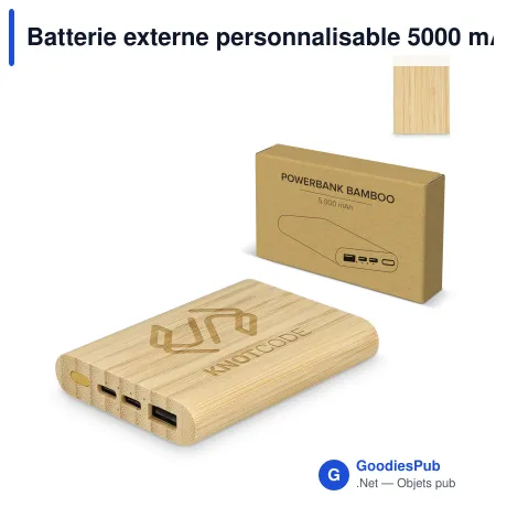 Batterie externe personnalisable 5000 mAh en bambou avec logo - Bamboo