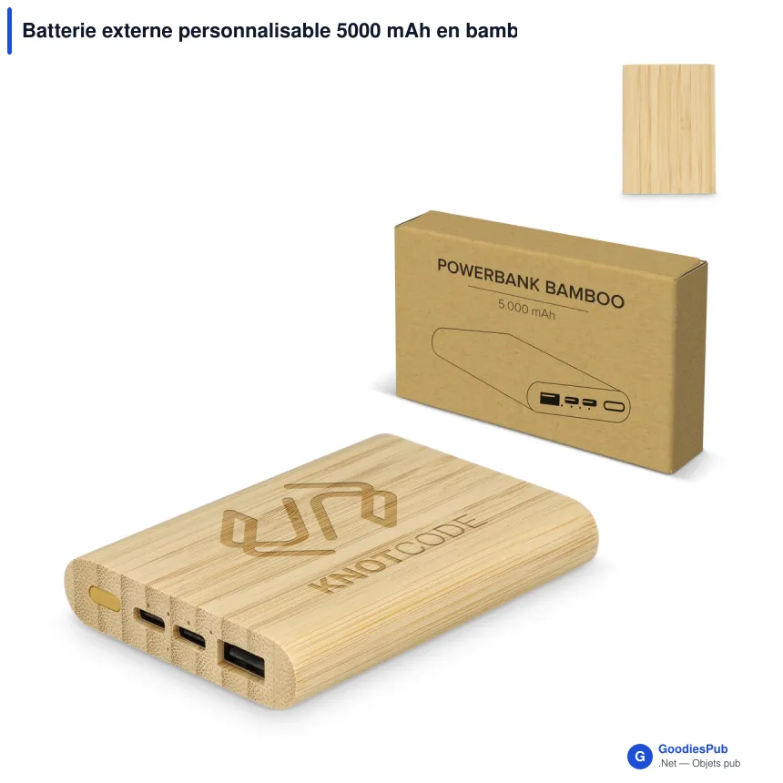 Batterie externe personnalisable 5000 mAh en bambou avec logo - Bamboo - Image 1