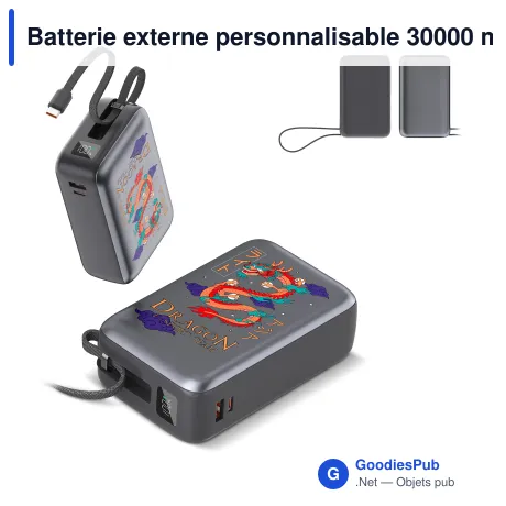 Batterie externe personnalisable 30000 mAh 65 W à câble USB-C intégré avec logo - Nova