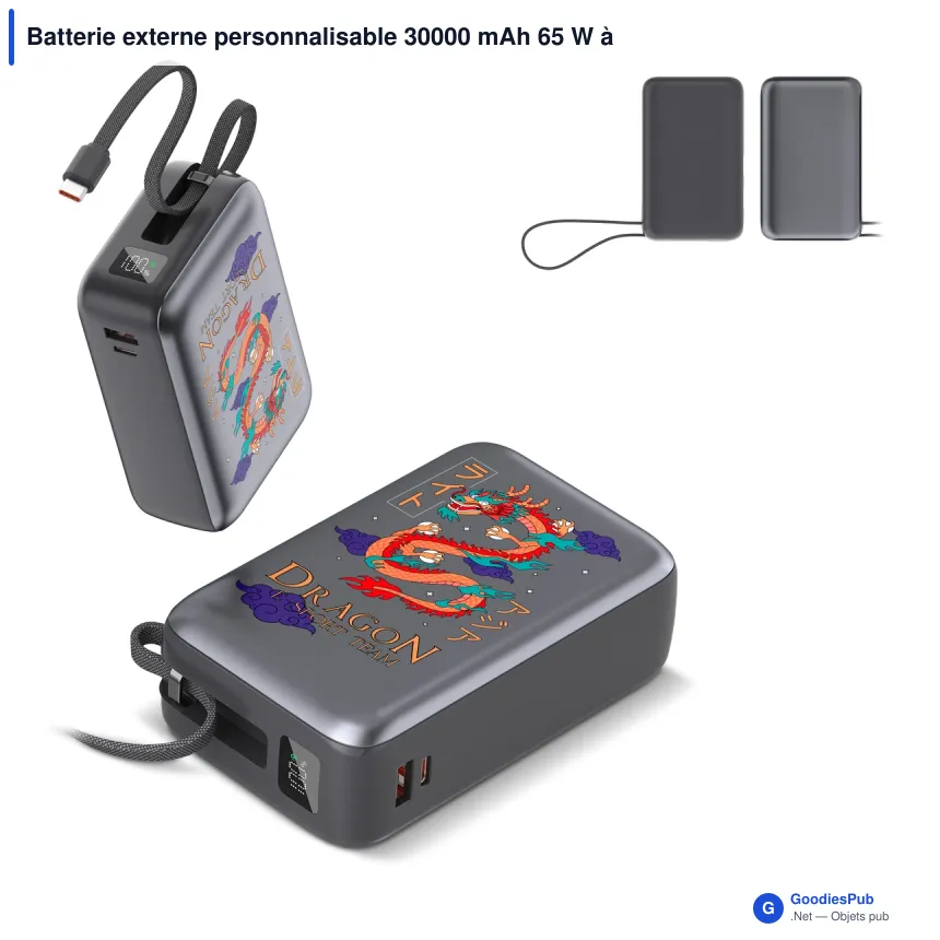 Batterie externe personnalisable 30000 mAh 65 W à câble USB-C intégré avec logo - Nova - Image 1