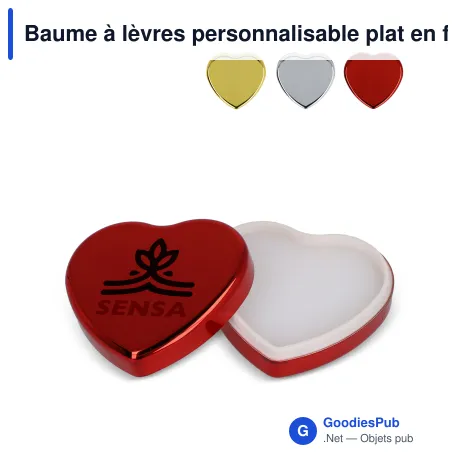 Baume à lèvres personnalisable plat en forme de cœur métallisé avec logo - Heart