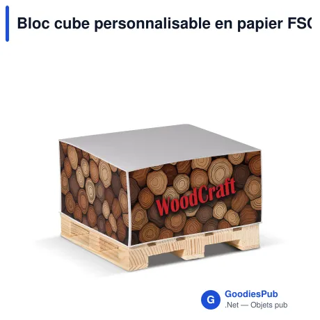 Bloc cube personnalisable en papier FSC sur palette en bois avec logo - 10 x 10 cm