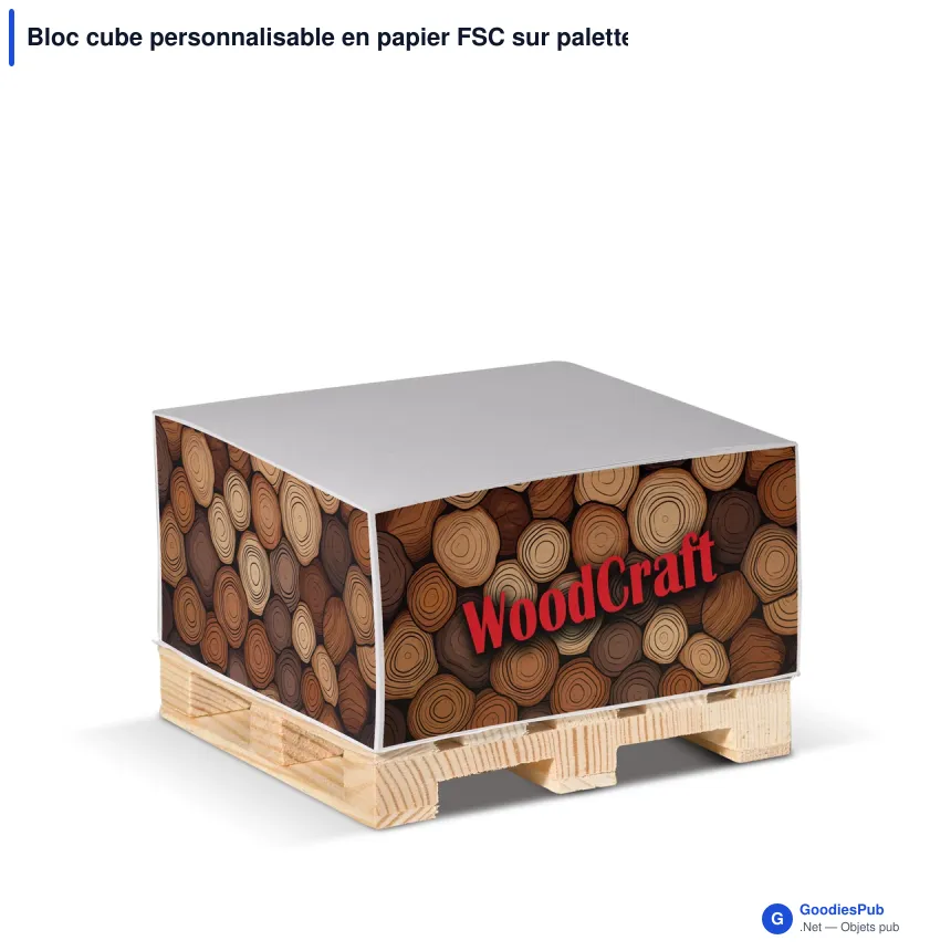 Bloc cube personnalisable en papier FSC sur palette en bois avec logo - 10 x 10 cm - Image 1
