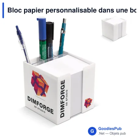 Bloc papier personnalisable dans une boîte cube à compartiments avec logo - Organiseur