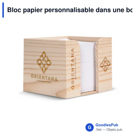 Bloc papier personnalisable dans une boîte cubique en bois avec logo - Nature