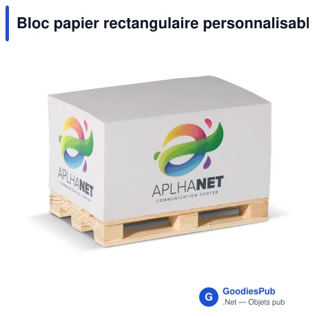 Bloc papier rectangulaire personnalisable FSC sur palette en bois avec logo - 12 x 8 cm