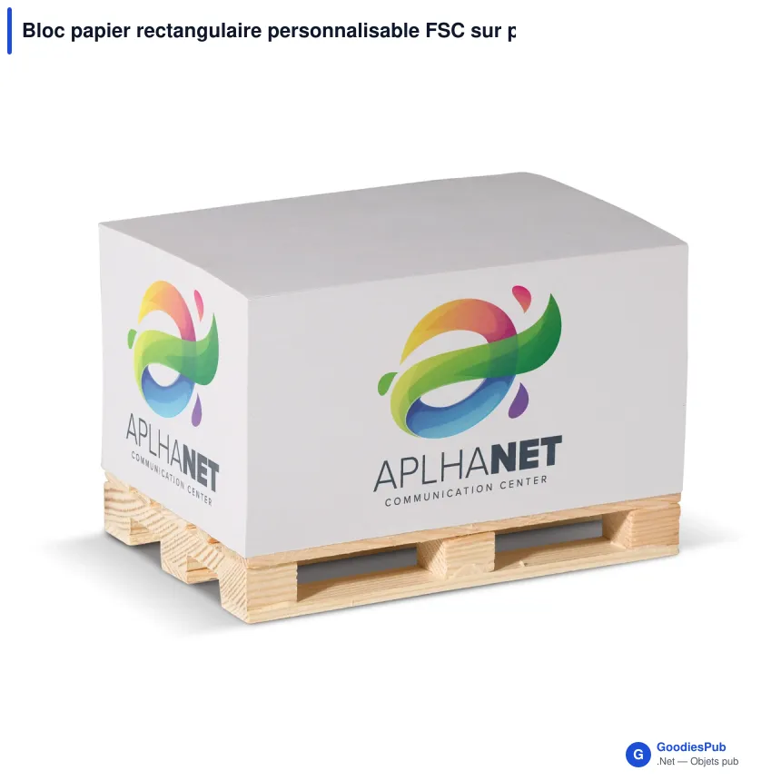Bloc papier rectangulaire personnalisable FSC sur palette en bois avec logo - 12 x 8 cm - Image 1