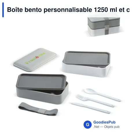 Boîte bento personnalisable 1250 ml et couverts avec logo - Gris et blanc