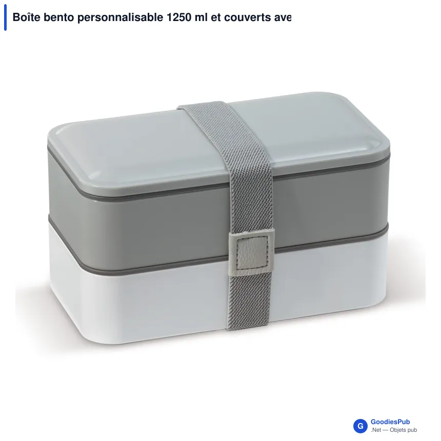 Boîte bento personnalisable 1250 ml et couverts avec logo - Gris et blanc - Image 2
