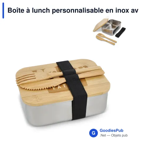 Boîte à lunch personnalisable en inox avec couvercle en bambou et logo - Nature