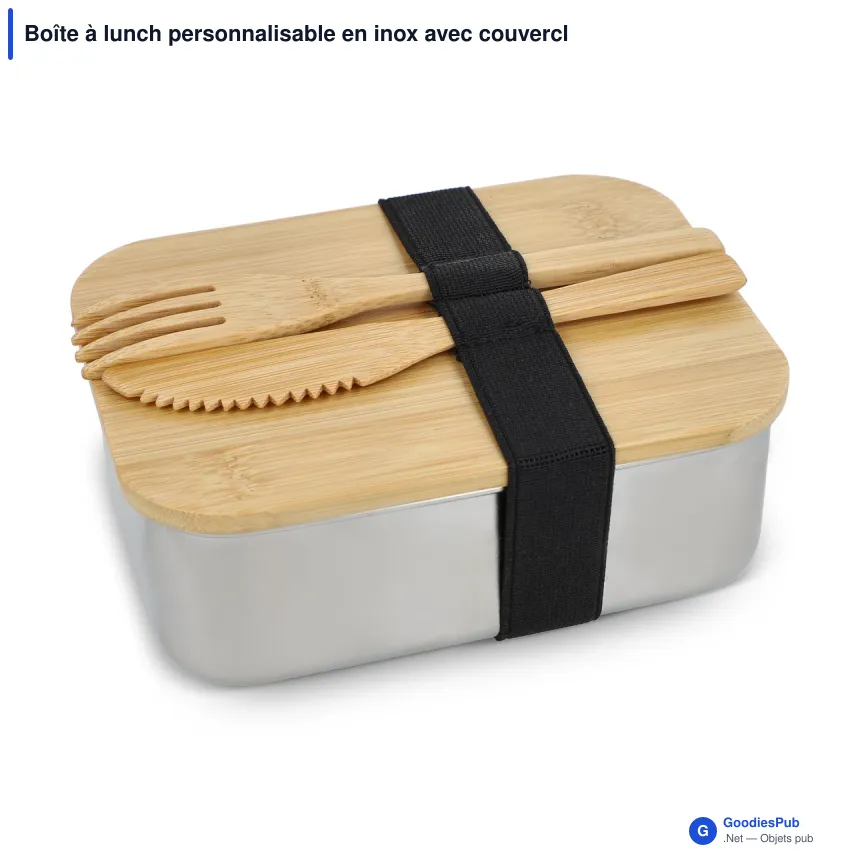 Boîte à lunch personnalisable en inox avec couvercle en bambou et logo - Nature - Image 2