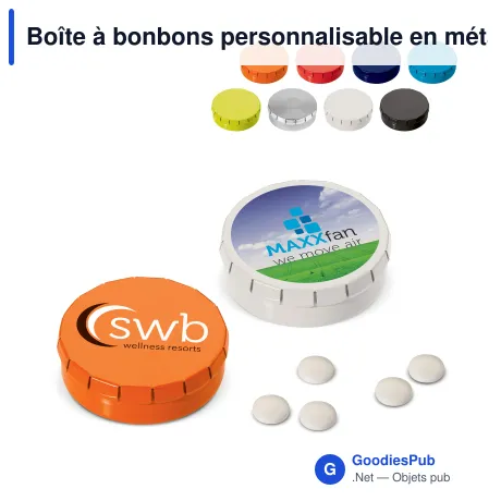 Boîte à bonbons personnalisable en métal avec logo - Huit coloris