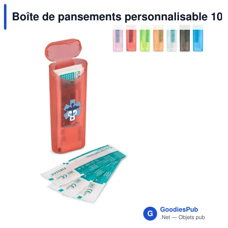Boîte de pansements personnalisable 10 pansements 70 x 18 mm avec logo - Color
