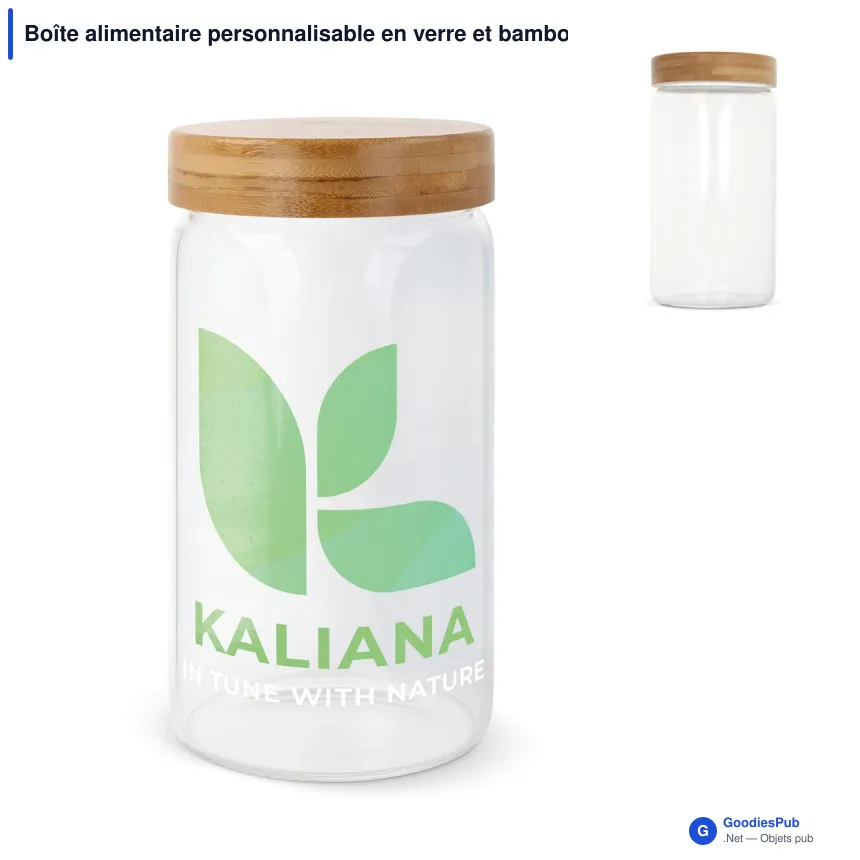 Boîte alimentaire personnalisable en verre et bambou avec logo - 1200 ml - Image 1