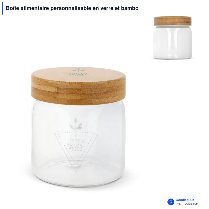 Boîte alimentaire personnalisable en verre et bambou avec logo - 600 ml - Image 1