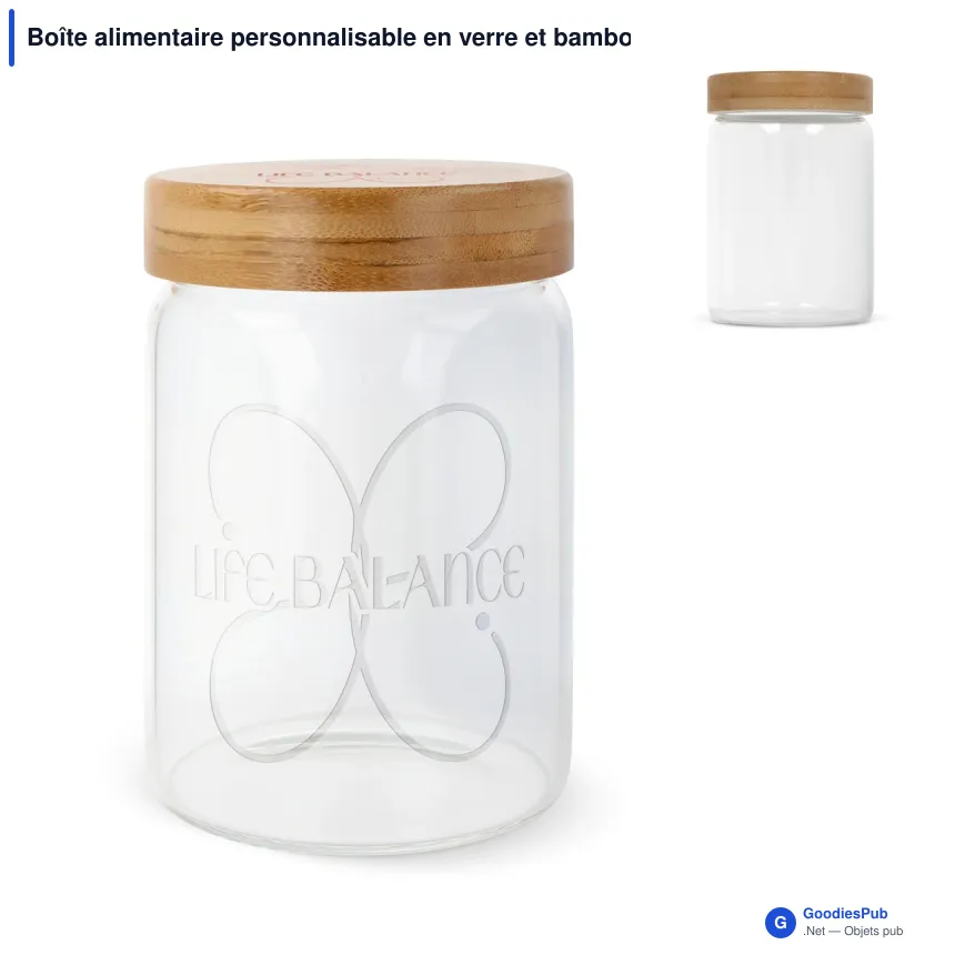 Boîte alimentaire personnalisable en verre et bambou avec logo - 900 ml - Image 1