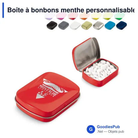 Boîte à bonbons menthe personnalisable en métal avec logo - Douze coloris