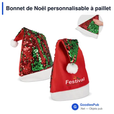 Bonnet de Noël personnalisable à paillettes bicolores avec logo - Rouge et vert