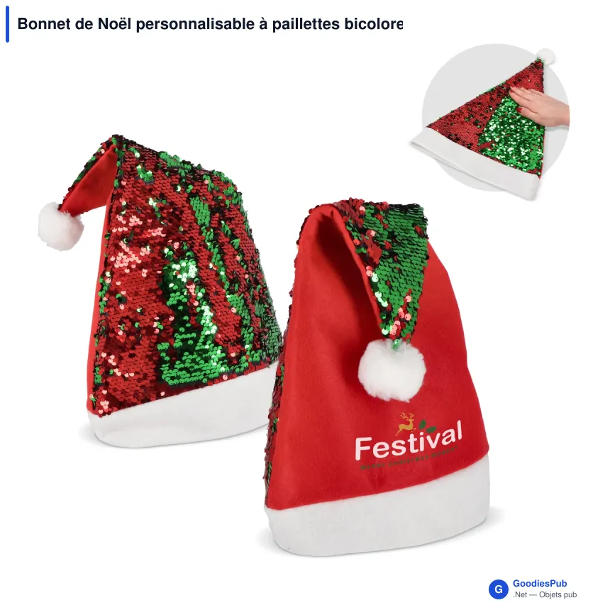 Bonnet de Noël personnalisable à paillettes bicolores avec logo - Rouge et vert - Image 1