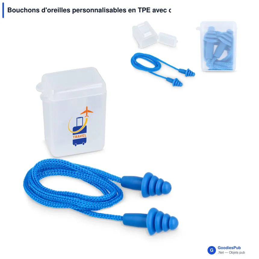 Bouchons d'oreilles personnalisables en TPE avec cordon EN 352-2 32 dB et logo - Bleu - Image 1