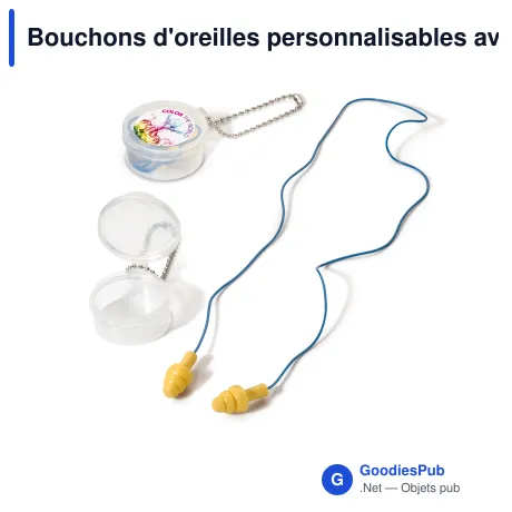 Bouchons d'oreilles personnalisables avec cordon et logo - Bleu et jaune