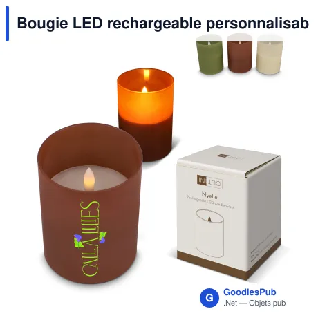 Bougie LED rechargeable personnalisable en verre et cire avec logo - InSideOut Nyelle