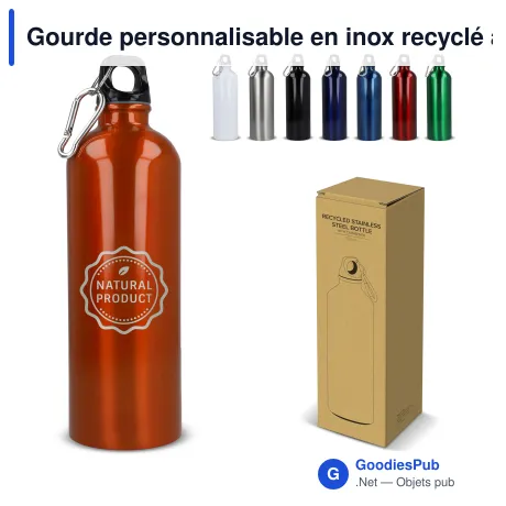 Gourde personnalisable en inox recyclé à mousqueton 750 ml avec logo - R-SS