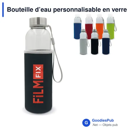 Bouteille d’eau personnalisable en verre 500 ml avec logo - Avec fourreau