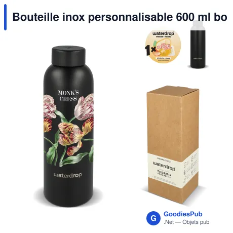 Bouteille inox personnalisable 600 ml bouchon acier avec logo - Waterdrop