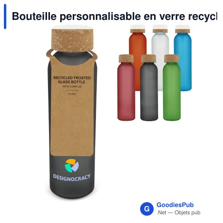Bouteille personnalisable en verre recyclé dépoli 500 ml avec logo - Bouchon liège
