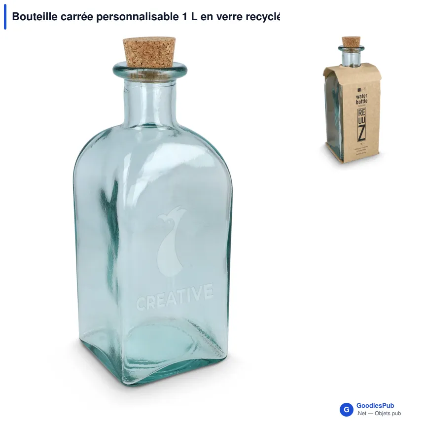 Bouteille carrée personnalisable 1 L en verre recyclé avec logo - InSideOut ReuuZ - Image 1