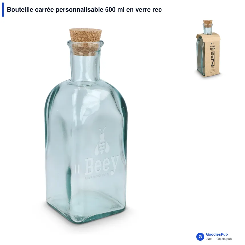 Bouteille carrée personnalisable 500 ml en verre recyclé avec logo - InSideOut ReuuZ - Image 1
