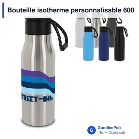 Bouteille isotherme personnalisable 600 ml à dragonne avec logo - Inox
