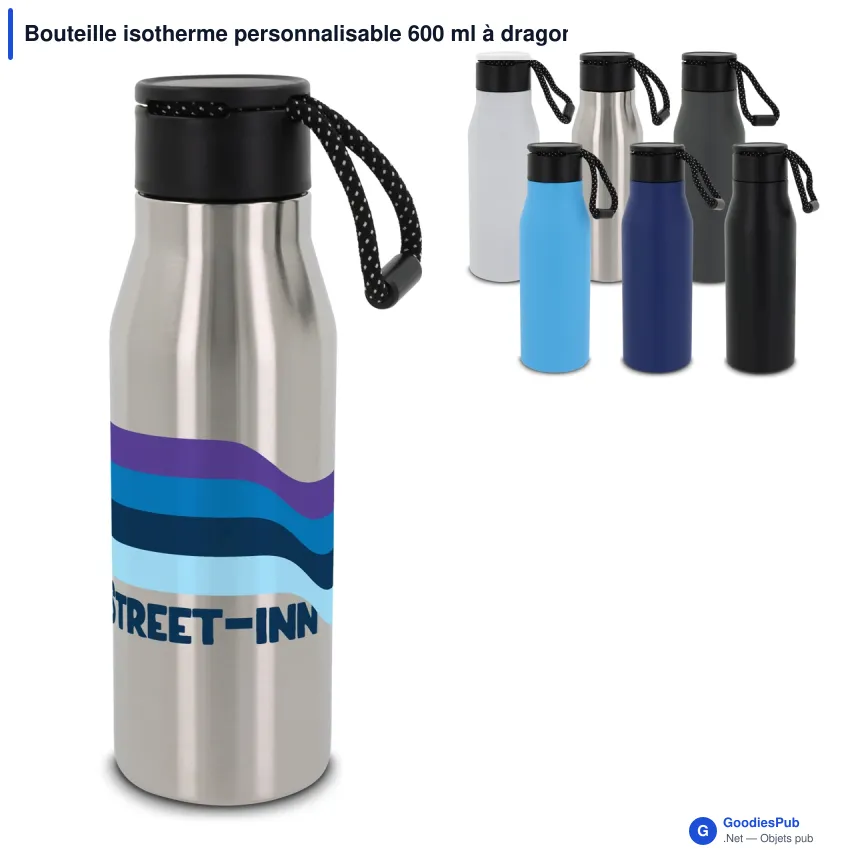 Bouteille isotherme personnalisable 600 ml à dragonne avec logo - Inox - Image 1