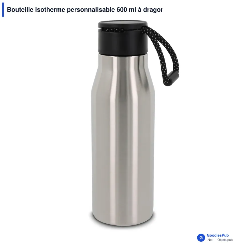 Bouteille isotherme personnalisable 600 ml à dragonne avec logo - Inox - Image 5
