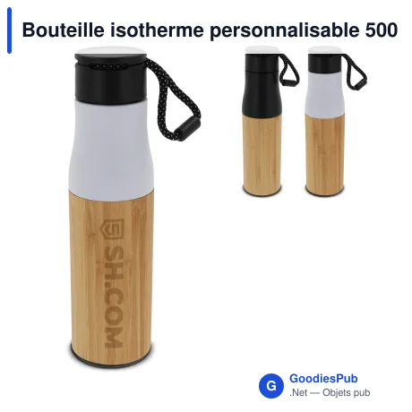 Bouteille isotherme personnalisable 500 ml à dragonne avec logo - Extérieur bambou