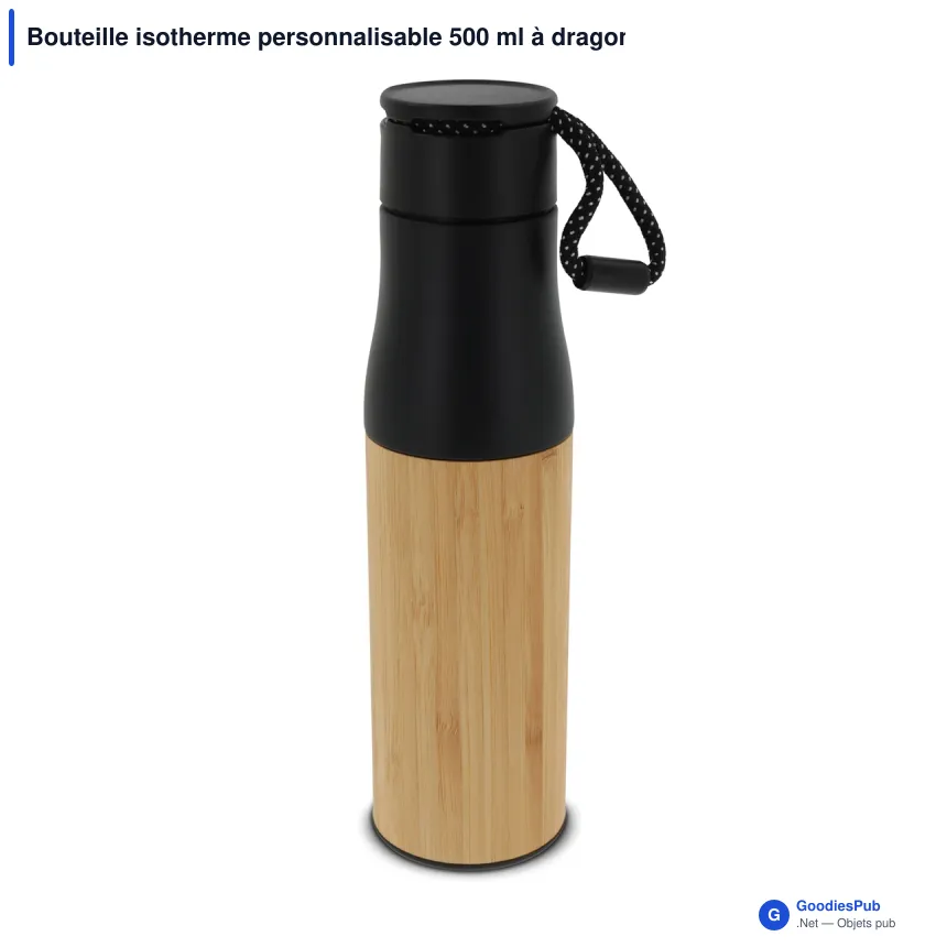 Bouteille isotherme personnalisable 500 ml à dragonne avec logo - Extérieur bambou - Image 2